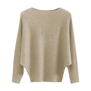 GABERLY Tan Boat Neck Batwing Dolman Ribbed Knit Oversized Sweater One Size NEW